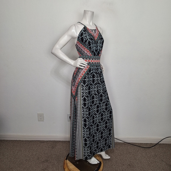 B. Calm Black Muti Keyhole Floral Boho Romantic Halter Neck Maxi Dress Size XL - Picture 4 of 13